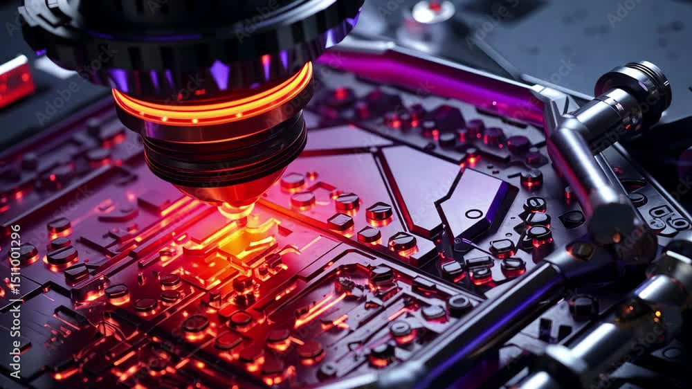 Fototapete Close-up of advanced machinery in a tech lab showcases intricate components and glowing circuits at work in high-resolution 4k
