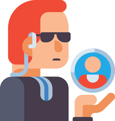 Security guard holding identification badge at entrance to building, ensuring safety and access control with serious expression.