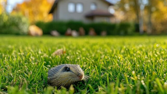 Gray sky, grass field, small animal hiding in grass.
