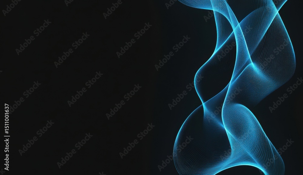Poster black background with blue neon lines, glowing and shining on the right side of the screen an abstra