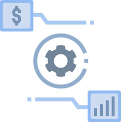 Dollar sign and graph connected by gear represent financial automation and growth in a modern, streamlined style.