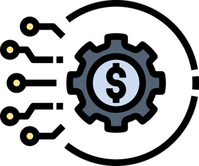 Gear with dollar sign connects to digital nodes, representing financial technology solutions and innovation in the modern business world.