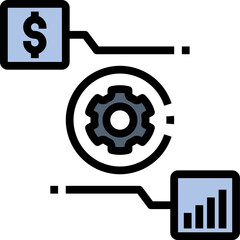 Dollar sign and bar graph connect to a gear representing financial automation and process optimization for business efficiency.