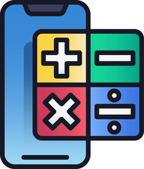 Fototapeta premium Smartphone displaying mathematical operations in a colorful interface, showcasing technology and education with a modern, digital aesthetic.