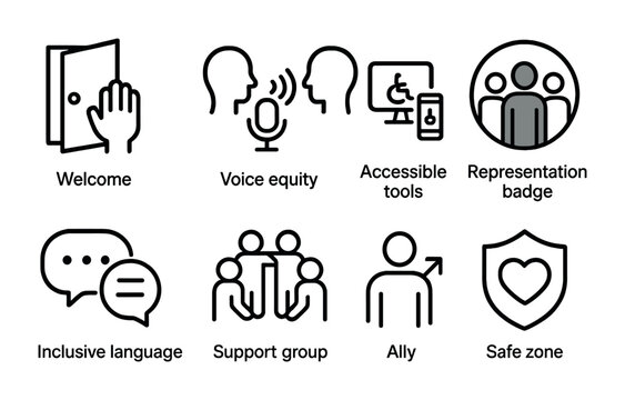 Inclusivity icons: welcome, voice equity, accessible tools, representation badge, inclusive language, support group, ally, safe zone.