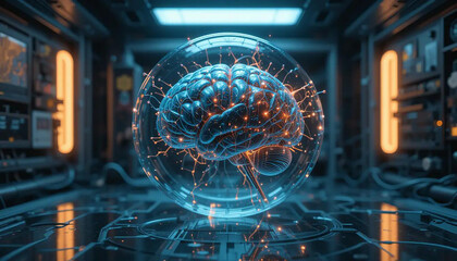  Digital neural network shaped like a human brain, electric pulses flowing through, on a dark cyberpunk background, 3D render, vibrant futuristic colors.