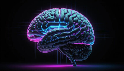  Digital neural network shaped like a human brain, electric pulses flowing through, on a dark cyberpunk background, 3D render, vibrant futuristic colors.