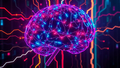  Digital neural network shaped like a human brain, electric pulses flowing through, on a dark cyberpunk background, 3D render, vibrant futuristic colors.