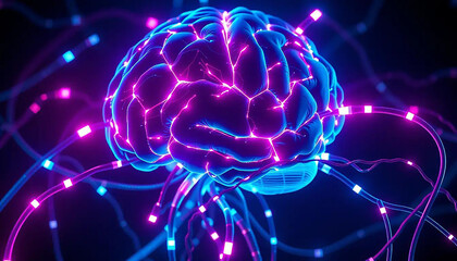  Digital neural network shaped like a human brain, electric pulses flowing through, on a dark cyberpunk background, 3D render, vibrant futuristic colors.