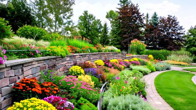 Home garden with stone retaining walls, design of luxury house backyard or terraced landscaped yard. Concept of landscaping, flower, plants, summer, nature.