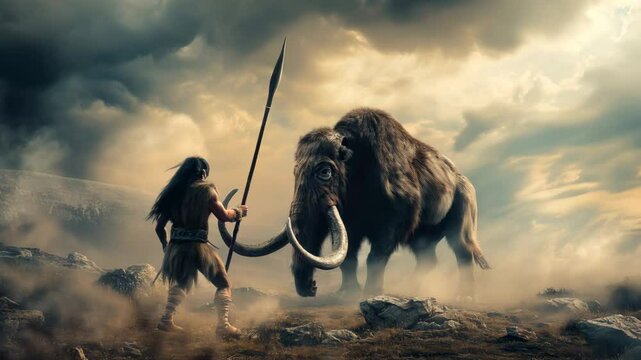 Neanderthal man holding spear stands against woolly mammoth, primitive hunter and animal in prehistoric era. Concept of caveman, ancient people.