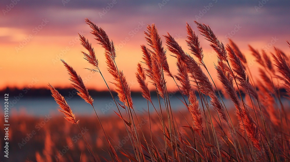 Aufkleber a close-up image of a patch of grass next to a body of water, with a sunset visible behind it and cl