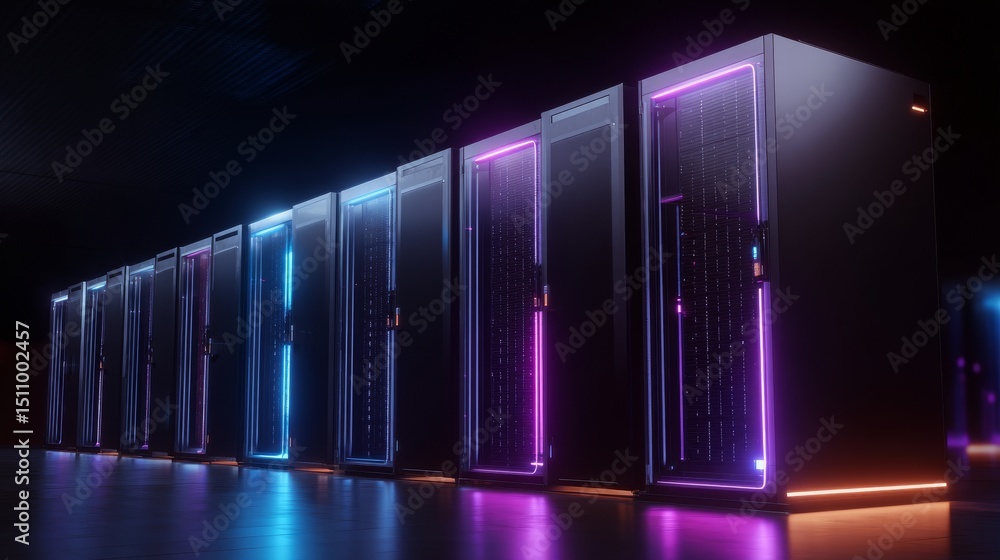 Poster a modern data center filled with rows of rack servers and supercomputers, representing cutting-edge 