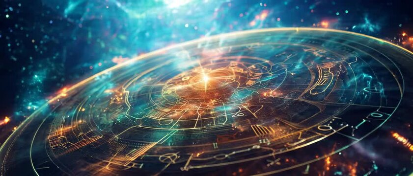 Astrological signs on gold circle, abstract vintage Zodiac wheel with golden planets, stars and symbols. Concept of astrology, sky, horoscope, space, background and time.