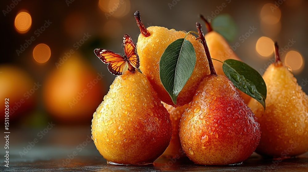 Poster a cluster of pears stacked atop each other with a butterfly perched upon one of them