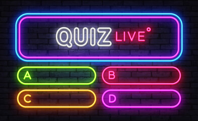 Live neon quiz frame with glowing buttons for A B C D answers on dark brick wall