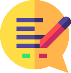Yellow speech bubble with pencil writing notes, isolated on white, representing communication and feedback, with a vibrant and modern theme.