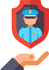 Hand presents police officer badge inside shield, symbolizing security and protection with a sense of safety and trust.