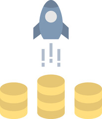 Rocket launching from stacks of gold coins symbolizes business growth and financial success in a vibrant and optimistic style.