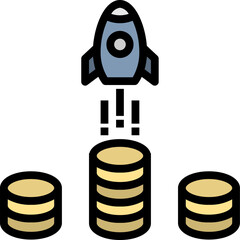 Rocket launching from stacks of gold coins symbolizes business growth and financial success with a modern, minimalist aesthetic.