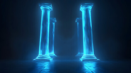 Abstract digital rendering of three glowing blue pillars on a dark background, resembling classical architecture. The pillars are formed by