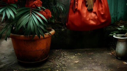 Still life composition featuring a large orange tote bag, lush tropical plants, and decorative pots on a vintage stone patio - Powered by Adobe