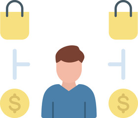 Customer making purchase with shopping bags and dollar coins representing transaction in a simple and clean modern style, symbolizing commerce and retail.