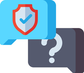 Blue speech bubble displays security shield while gray bubble shows question mark, representing customer support and protection, creating a sense of trust and reliability.