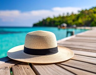 Straw hat on a wooden dock by the ocean