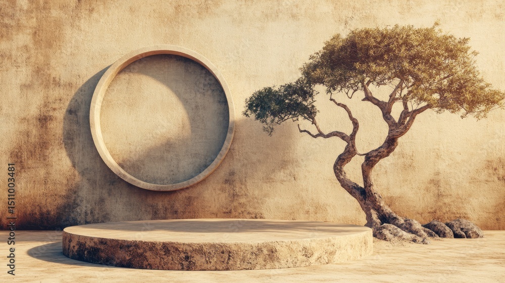 Poster beige-toned empty stage with a circular frame and a stylized tree.
