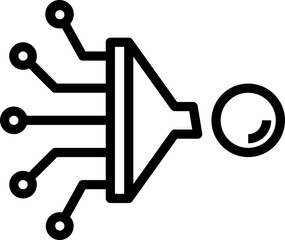 Data funnel processes information with connected nodes, leading to a single output in a clean, modern style, representing data analysis and transformation.
