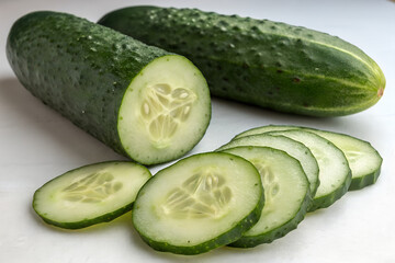 Fresh green cucumbers, one sliced and one cut in half, displayed on a white surface.