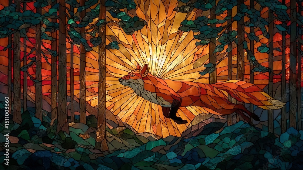 Poster a picture of a red fox running in a forest with sunlight filtering through tree branches above