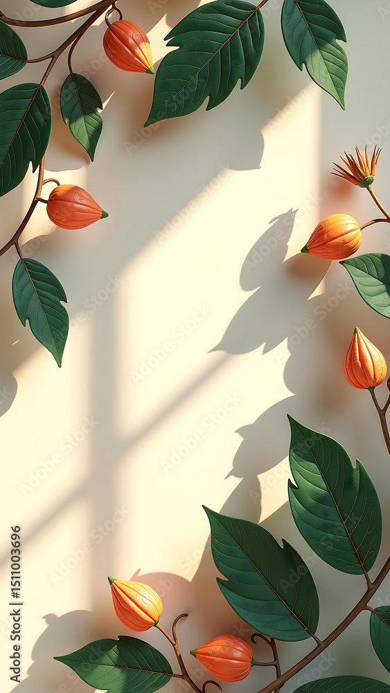 Poster leafy botanical motif fills frame intricate shapes resembling natural forms set neutral background w