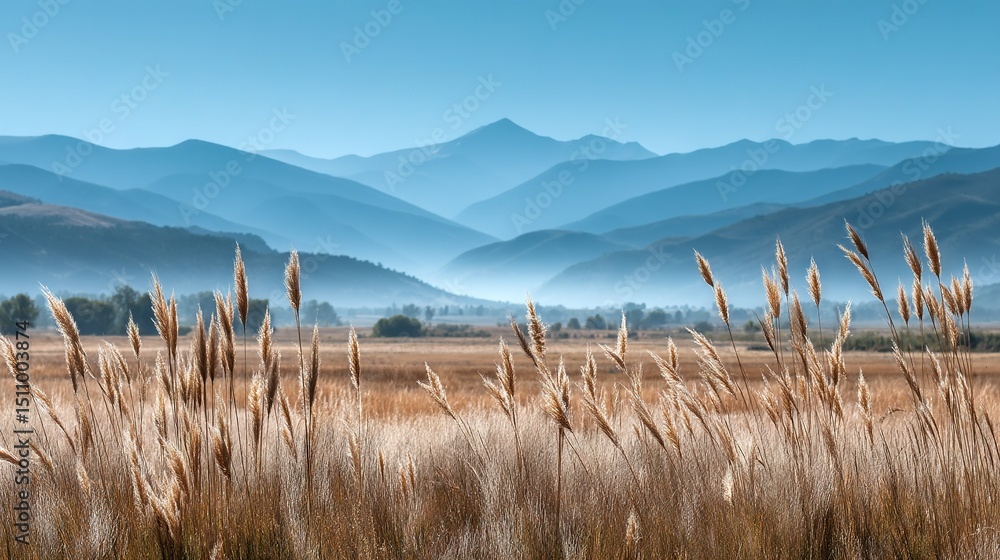 Poster a field with tall grass in front of a distant mountain range
