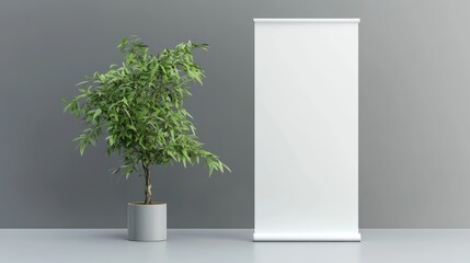 Empty white roll-up banner and potted plant against a gray wall.