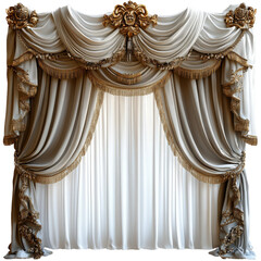 Luxurious ornate curtain drapery with intricate golden details and elegant white fabric