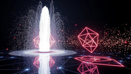Electric fountain shooting glowing particles into geometric shapes midair futuristic animation.