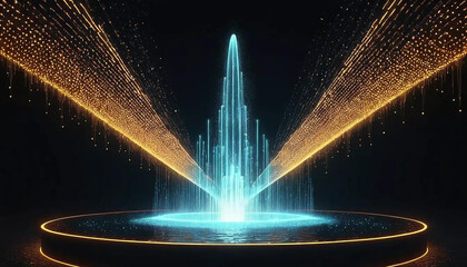 Electric fountain shooting glowing particles into geometric shapes midair futuristic animation.