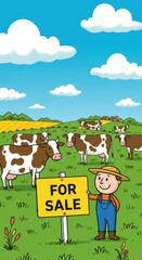A cheerful farmer holds a sign indicating cows for sale in a lush green pasture