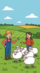 Farmer in straw hat talks to woman while surrounded by playful sheep in lush fields