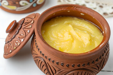 A rustic clay pot filled with golden ghee, a clarified butter, with its lid ajar.