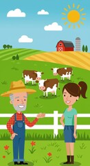 A farmer talks to a young woman on a bright day, surrounded by cows and farmland in the background