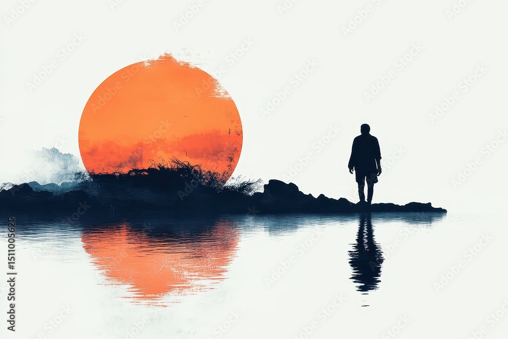 Poster silhouette of a person walking along the shore at sunset with a vibrant orange sky and reflection on
