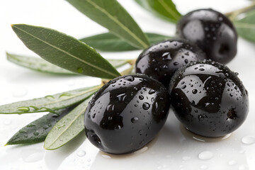 Fresh black olives with water droplets and green leaves on a white background.