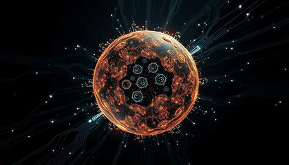 Fractal orb with shifting circuits and light fractals orbiting a black digital void.