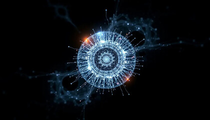 Fractal orb with shifting circuits and light fractals orbiting a black digital void.