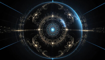 Fractal orb with shifting circuits and light fractals orbiting a black digital void.