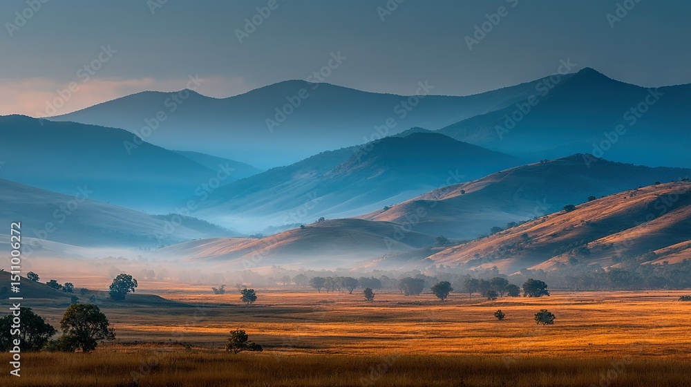 Poster a distant mountain range with tree-lined foregrounds and golden grass