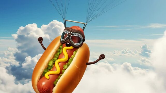 Hot dog character parachuting in a clear blue sky, fun and whimsical skydiving scene